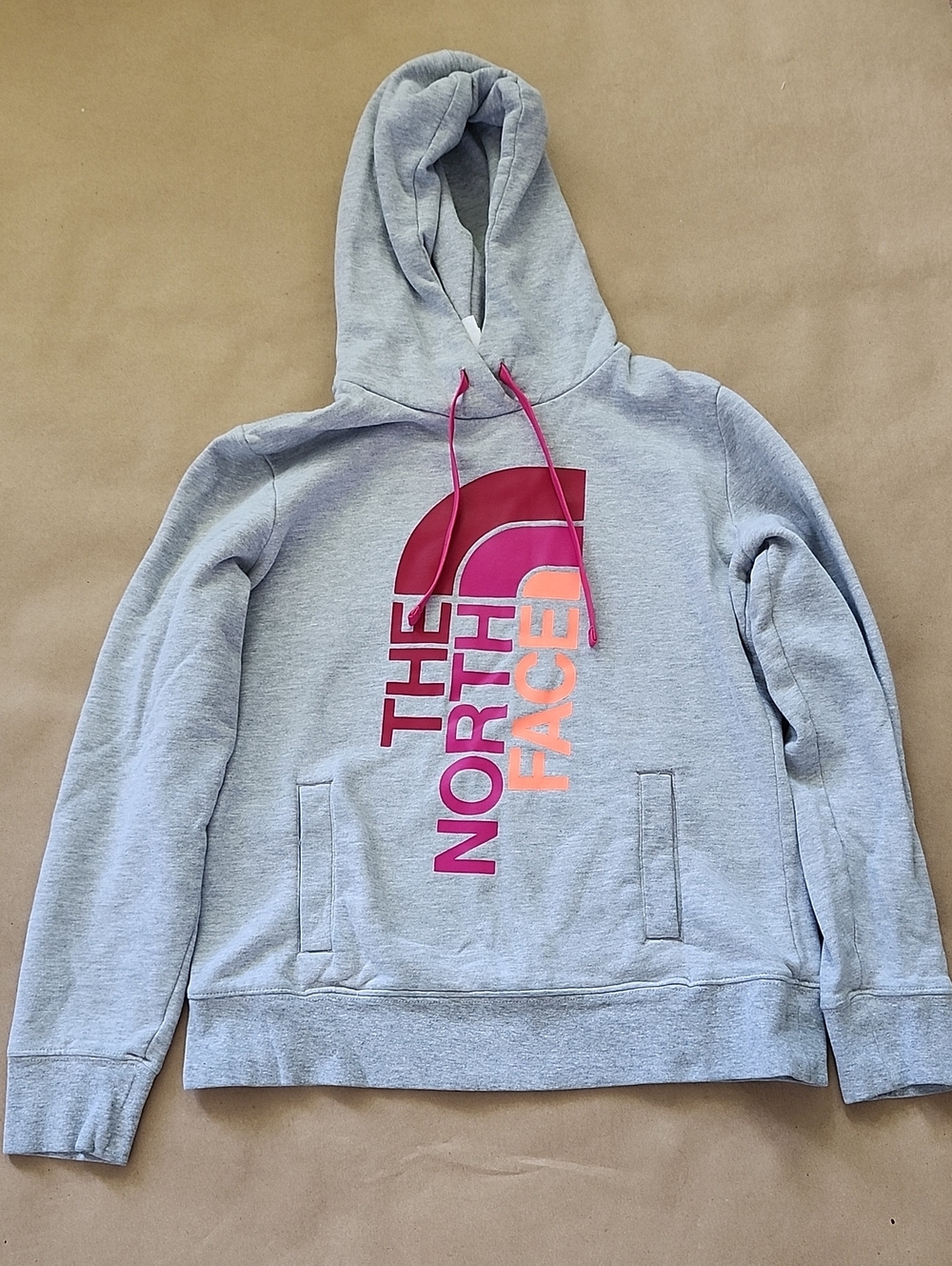 The North Face Light Gray Hoodie with Pink and Coral Logo. Great Condition!